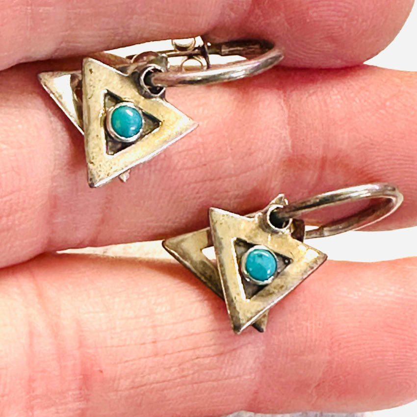 Vintage Sterling Silver Pierced Post Hoop Earrings Triangle Drops Turquoise Earrings