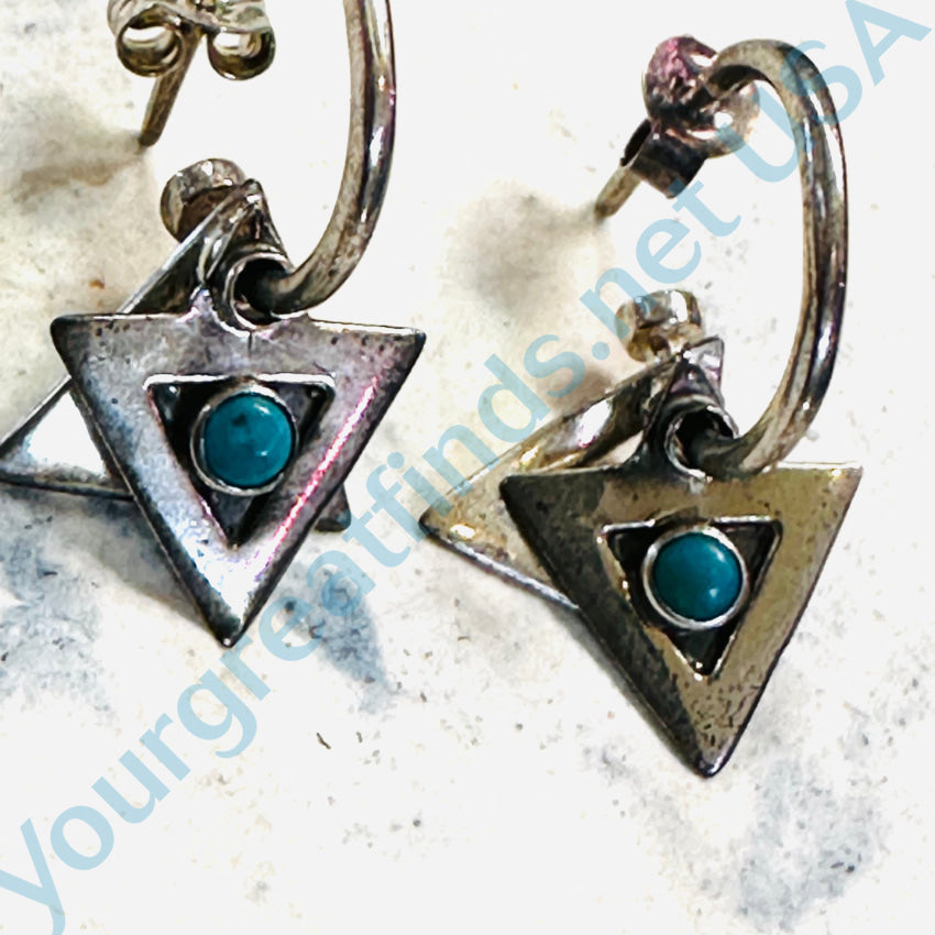 Vintage Sterling Silver Pierced Post Hoop Earrings Triangle Drops Turquoise Earrings