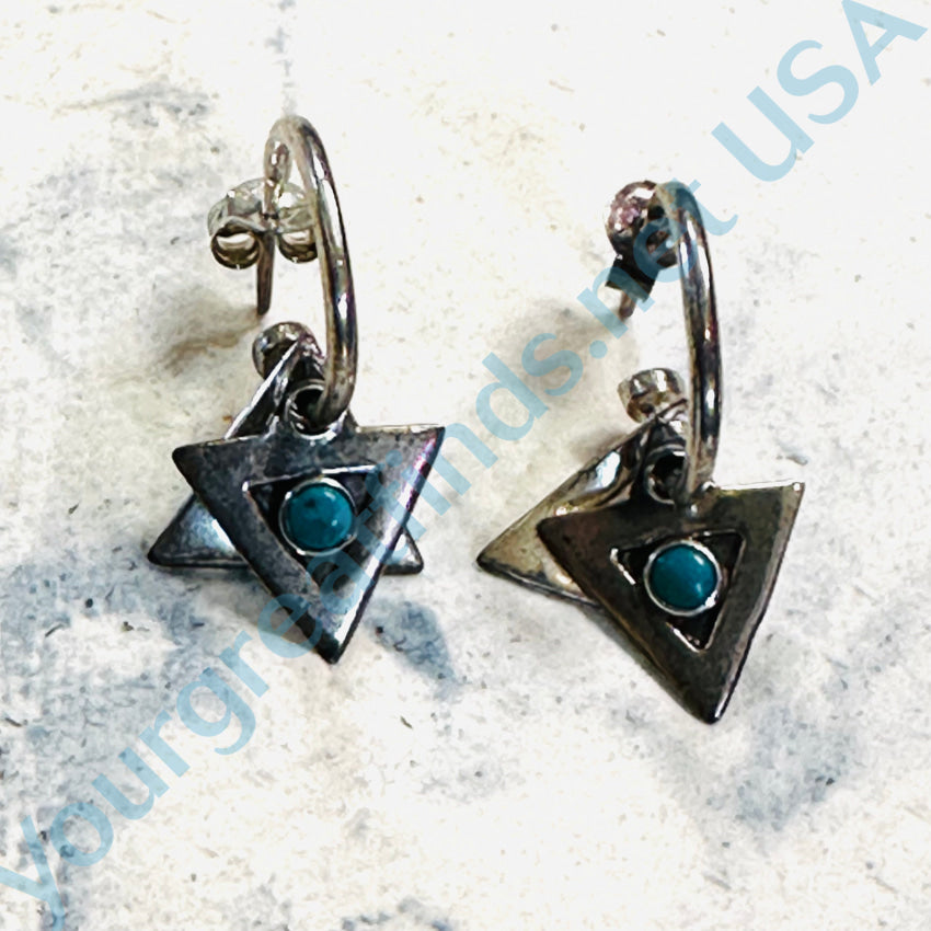 Vintage Sterling Silver Pierced Post Hoop Earrings Triangle Drops Turquoise Earrings