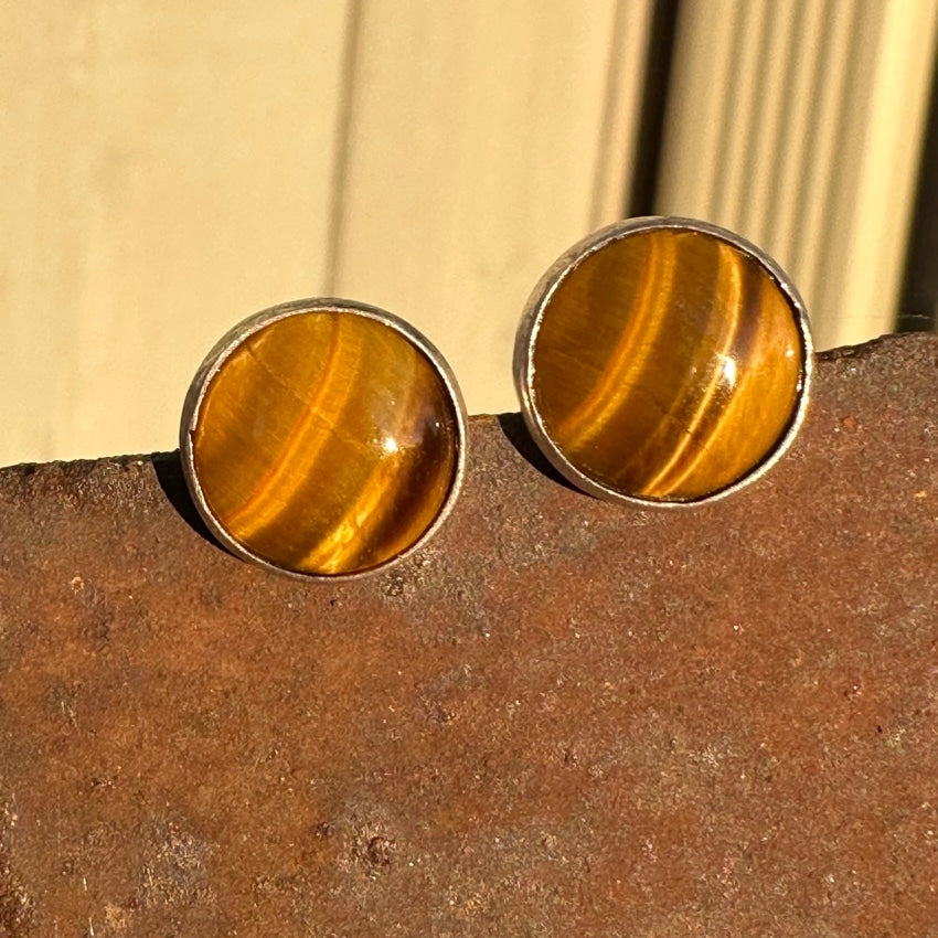 Vintage Sterling Silver Pierced Stud Tigers Eye Earrings