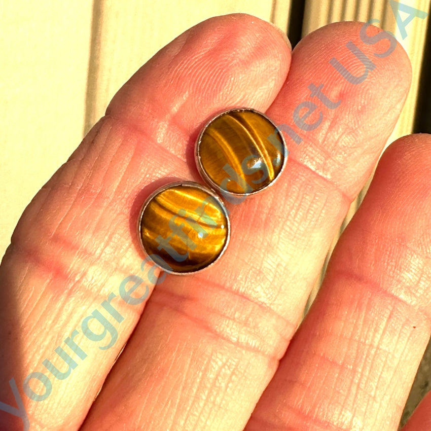 Vintage Sterling Silver Pierced Stud Tigers Eye Earrings