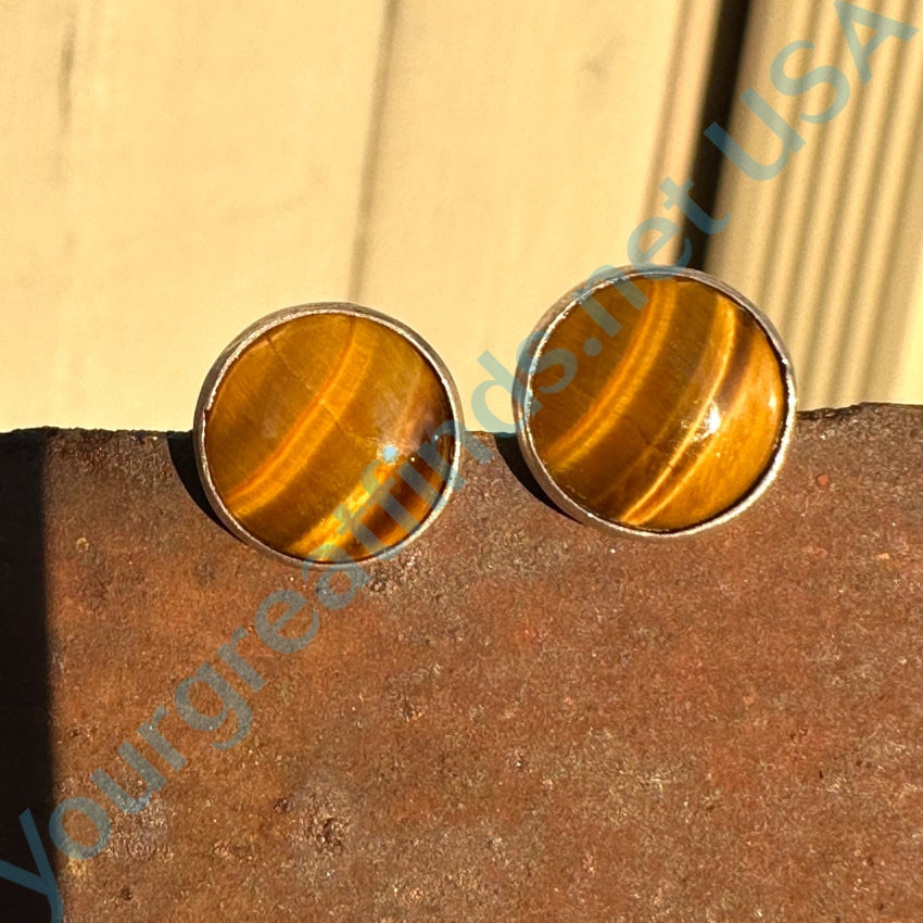 Vintage Sterling Silver Pierced Stud Tigers Eye Earrings