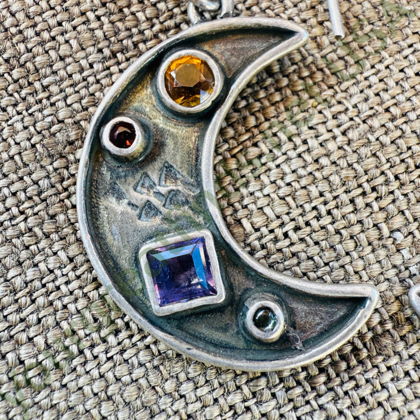 Vintage Sterling Silver Quarter Moon Pierced Gemstone Earrings rings