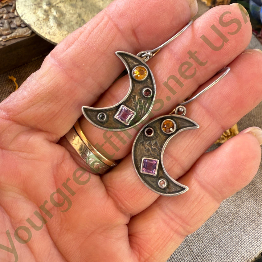 Vintage Sterling Silver Quarter Moon Pierced Gemstone Earrings rings