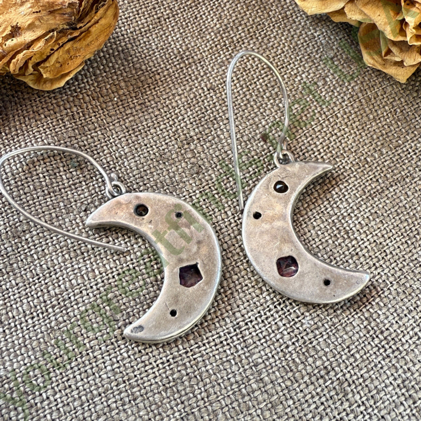 Vintage Sterling Silver Quarter Moon Pierced Gemstone Earrings rings