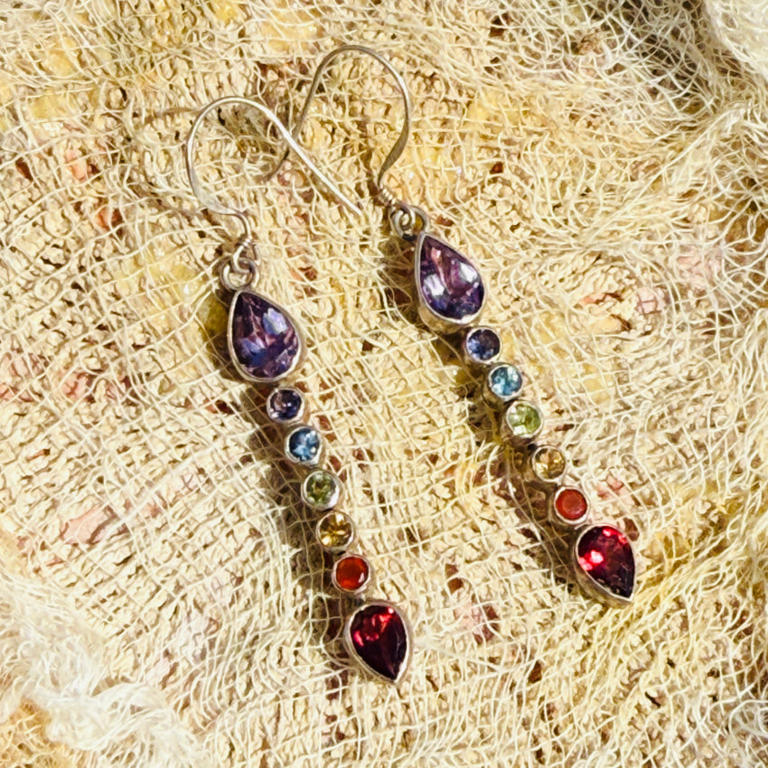 Vintage Sterling Silver Rainbow Gemstone Shoulder Duster Pierced Post Earrings earrings