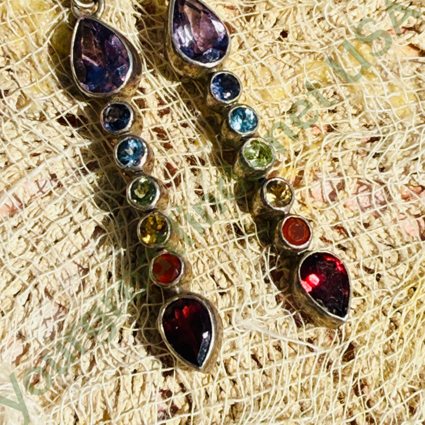 Vintage Sterling Silver Rainbow Gemstone Shoulder Duster Pierced Post Earrings earrings