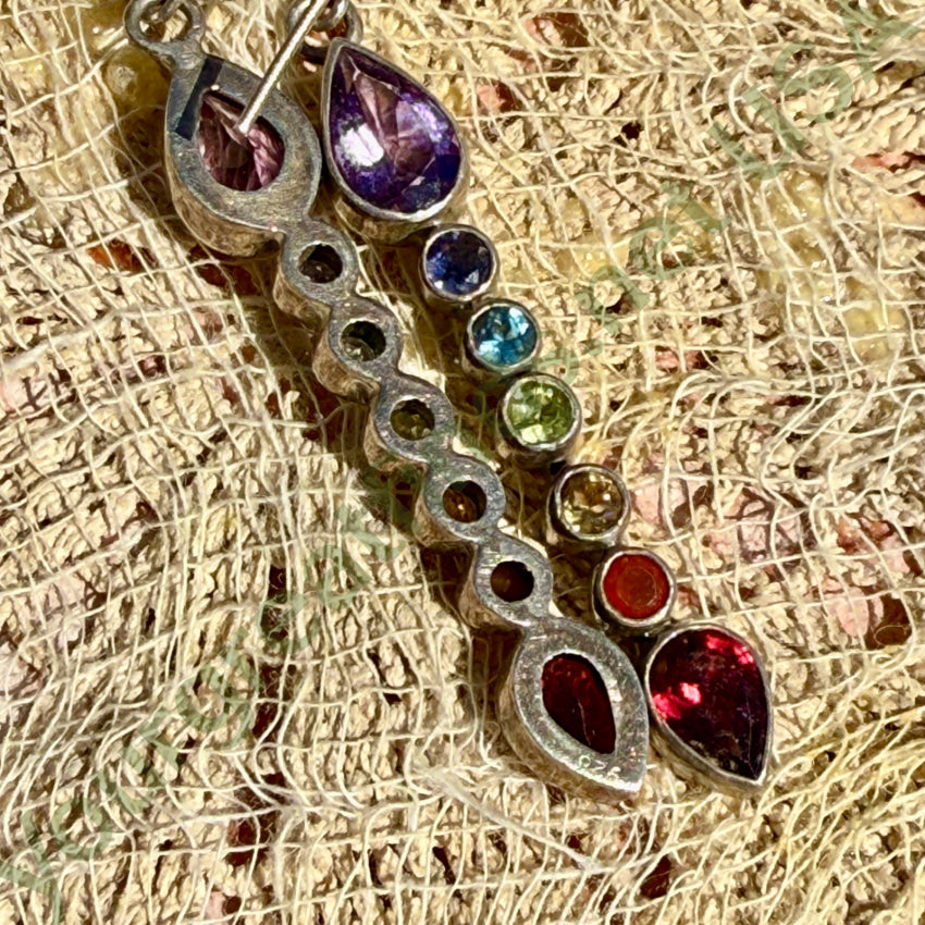 Vintage Sterling Silver Rainbow Gemstone Shoulder Duster Pierced Post Earrings earrings