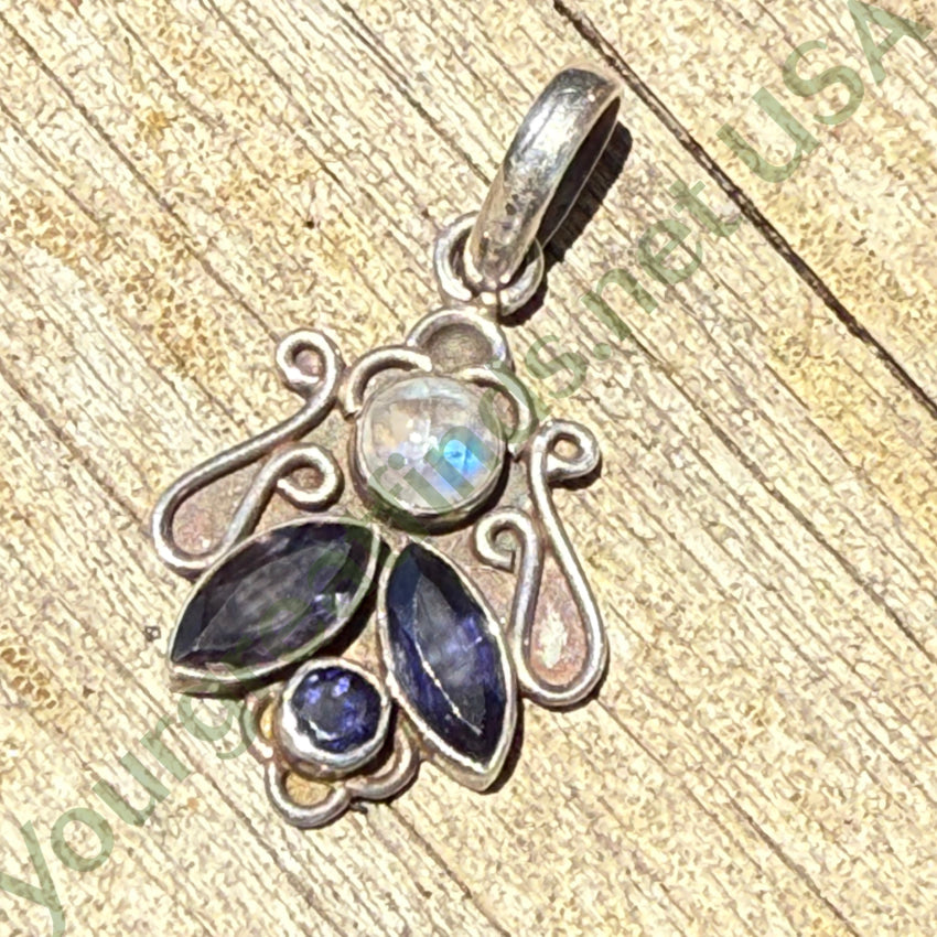 Vintage Sterling Silver Rainbow Moonstone & Iolite Pendant pendant