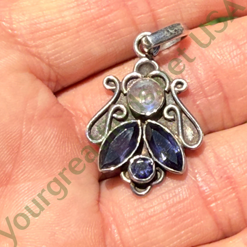 Vintage Sterling Silver Rainbow Moonstone & Iolite Pendant pendant