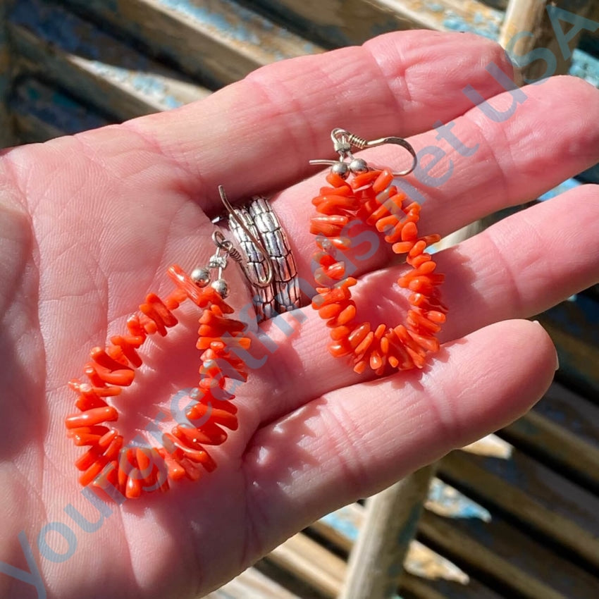 Vintage Sterling Silver Red Branch Coral Hoop Earrings