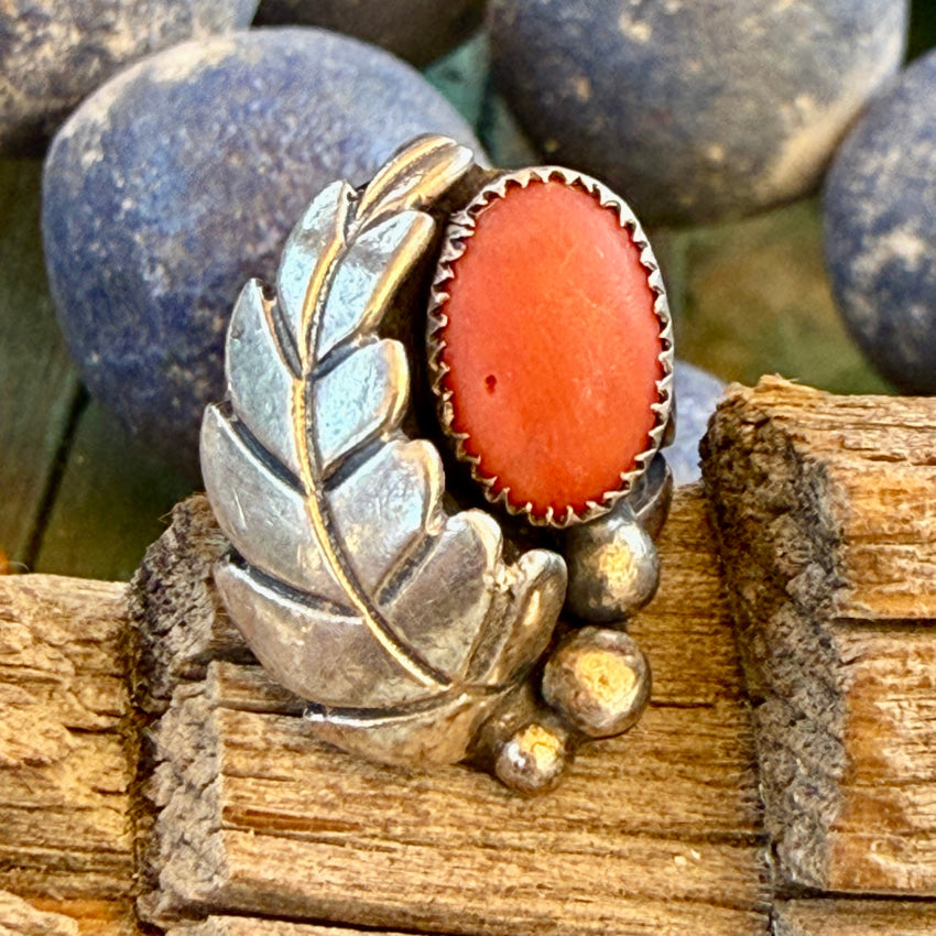 Vintage Sterling Silver Red Coral Ring Size 4 1/4 Earrings