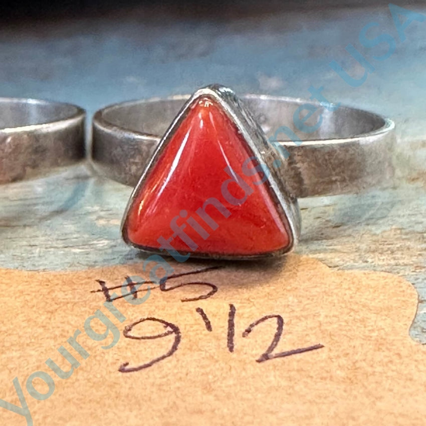 Vintage Sterling Silver Red Coral Triangle Rings 9 1/2