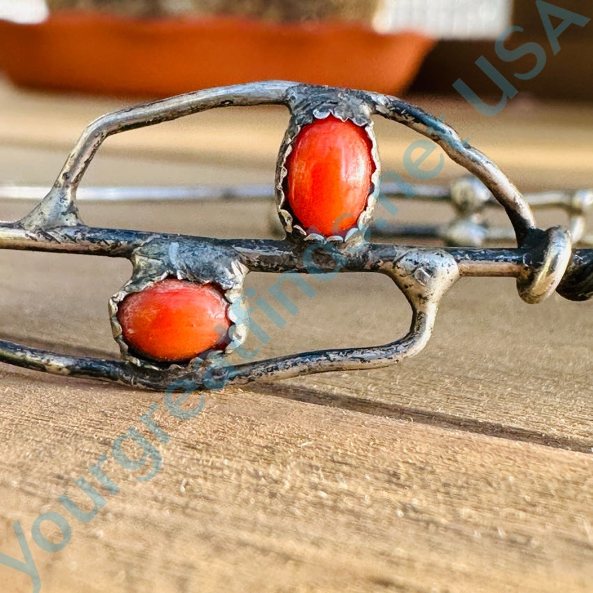 Vintage Sterling Silver Red Coral Wire Work Sliding Bangle Bracelet
