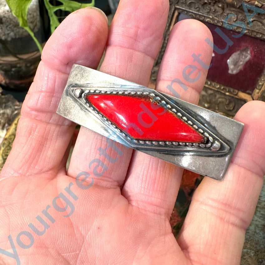Vintage Sterling Silver Red Enamel Belt Buckle