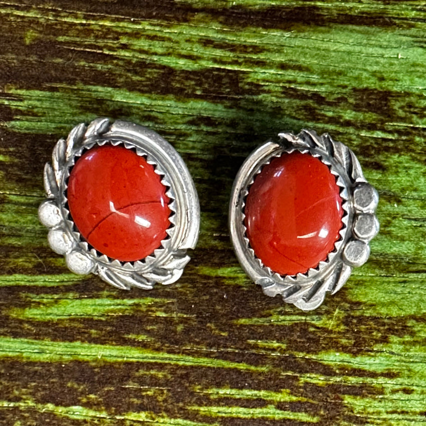 Vintage Sterling Silver & Red Jasper Clip On Earrings Navajo Earrings