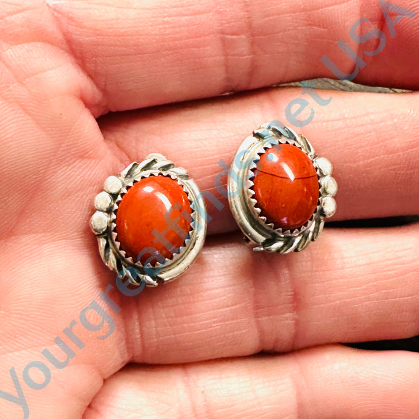 Vintage Sterling Silver & Red Jasper Clip On Earrings Navajo Earrings