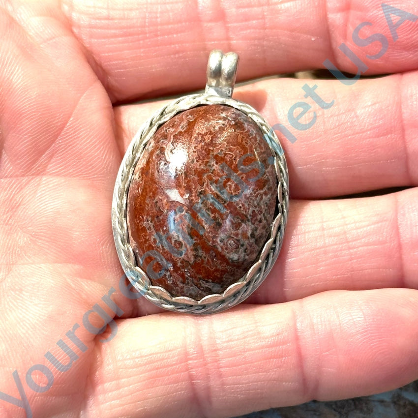 Vintage Sterling Silver Red Petrified Wood Pendant