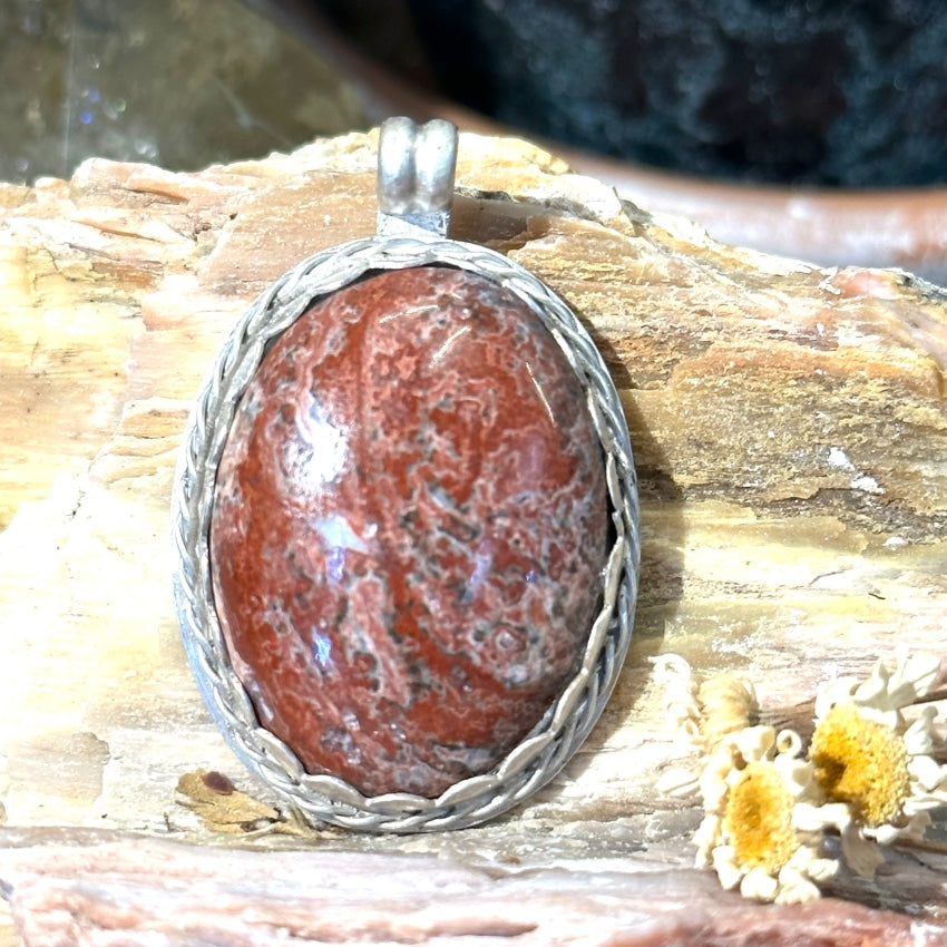 Vintage Sterling Silver Red Petrified Wood Pendant