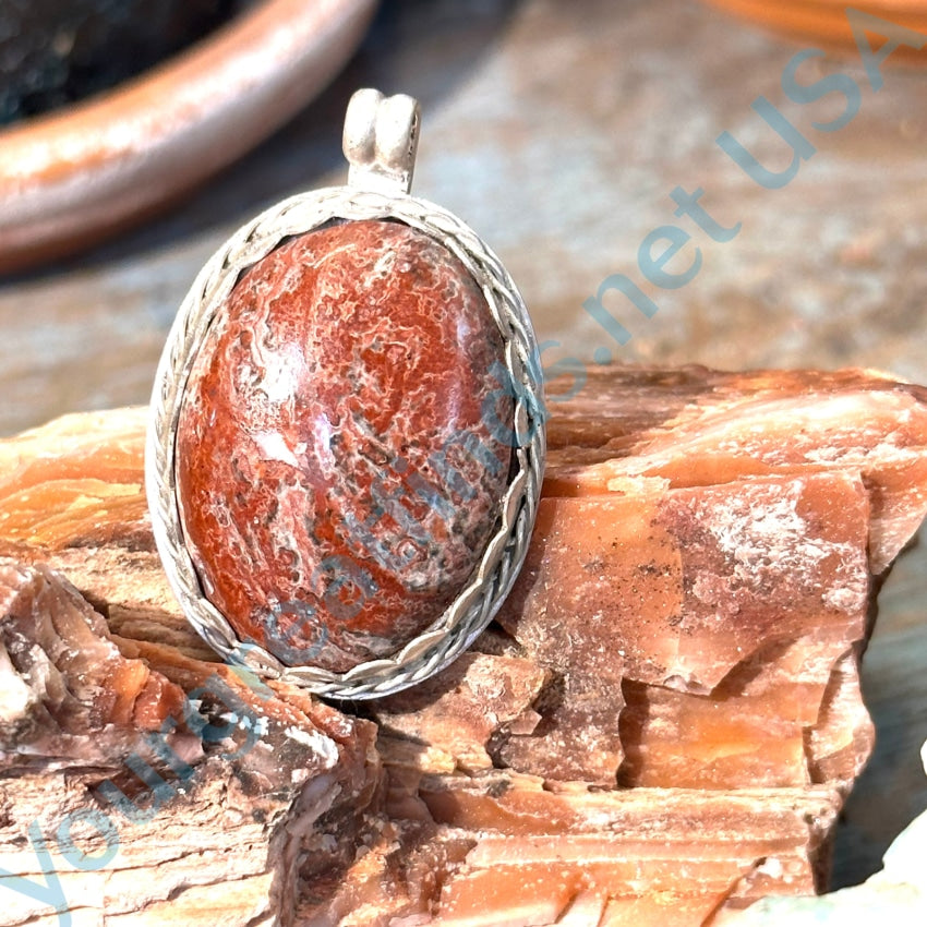 Vintage Sterling Silver Red Petrified Wood Pendant