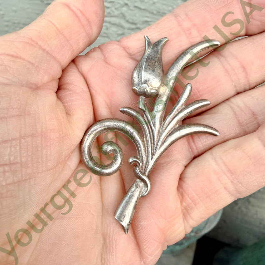 Vintage Sterling Silver Repoussé Flower Bud Brooch Pin brooch