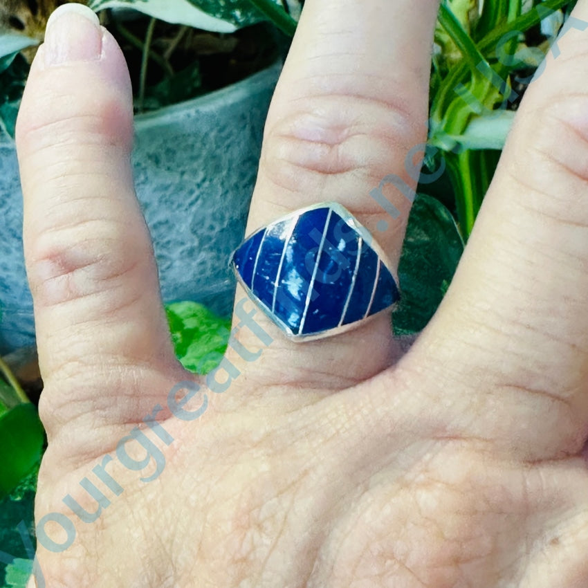 Vintage Sterling Silver Ring Channel Inlay Azurite Size 7