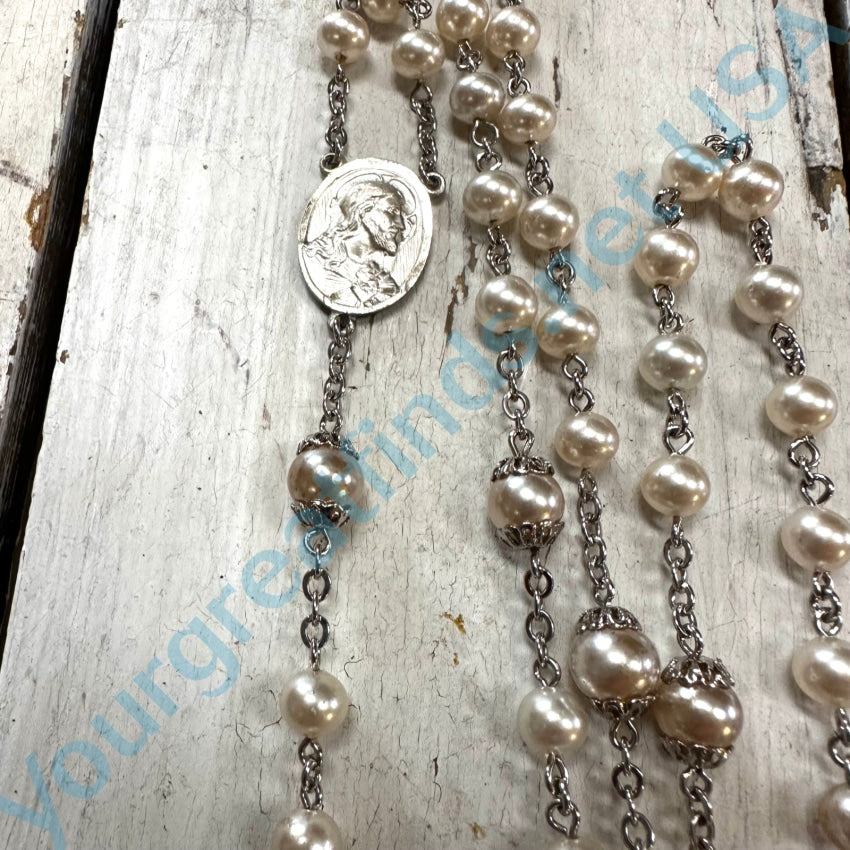 Vintage Sterling Silver Rosary Faux Pearl Beads W/ Tag