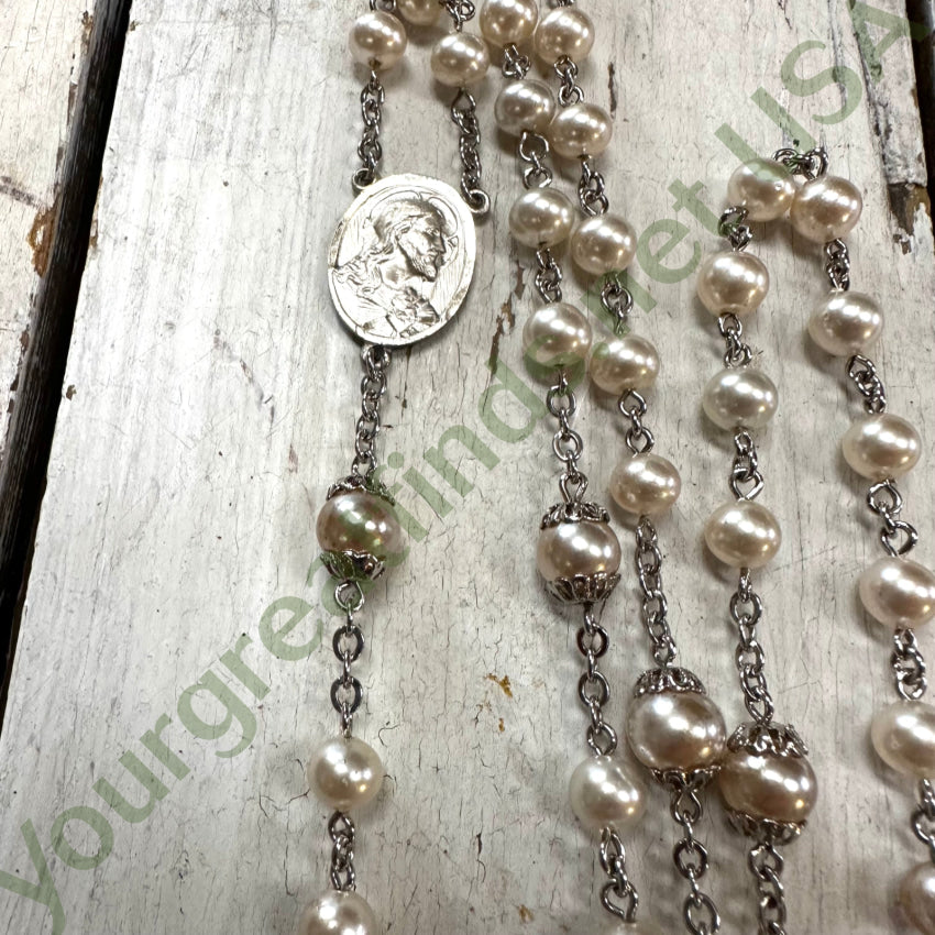 Vintage Sterling Silver Rosary Faux Pearl Beads W/ Tag