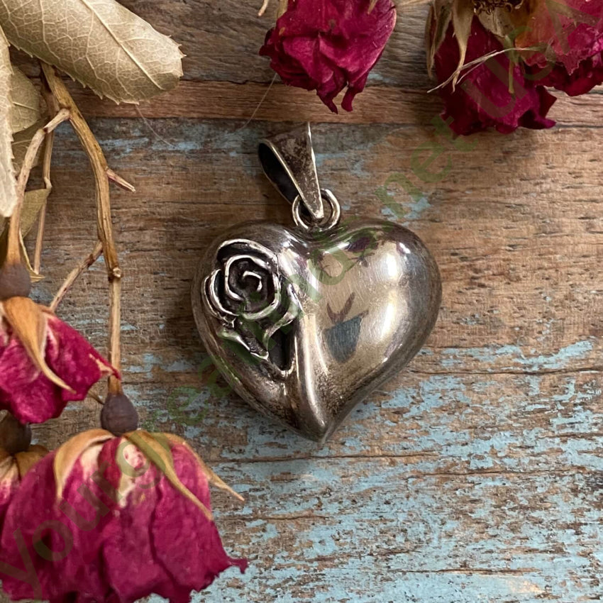Vintage Sterling Silver Rose Puffy Heart Pendant
