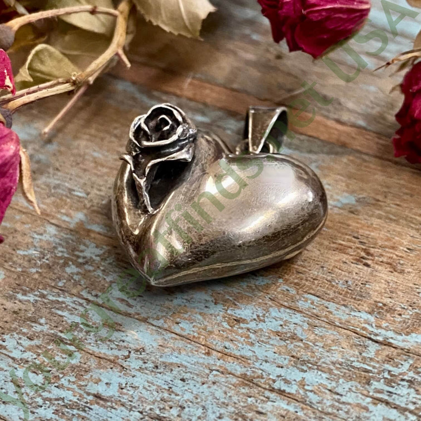 Vintage Sterling Silver Rose Puffy Heart Pendant