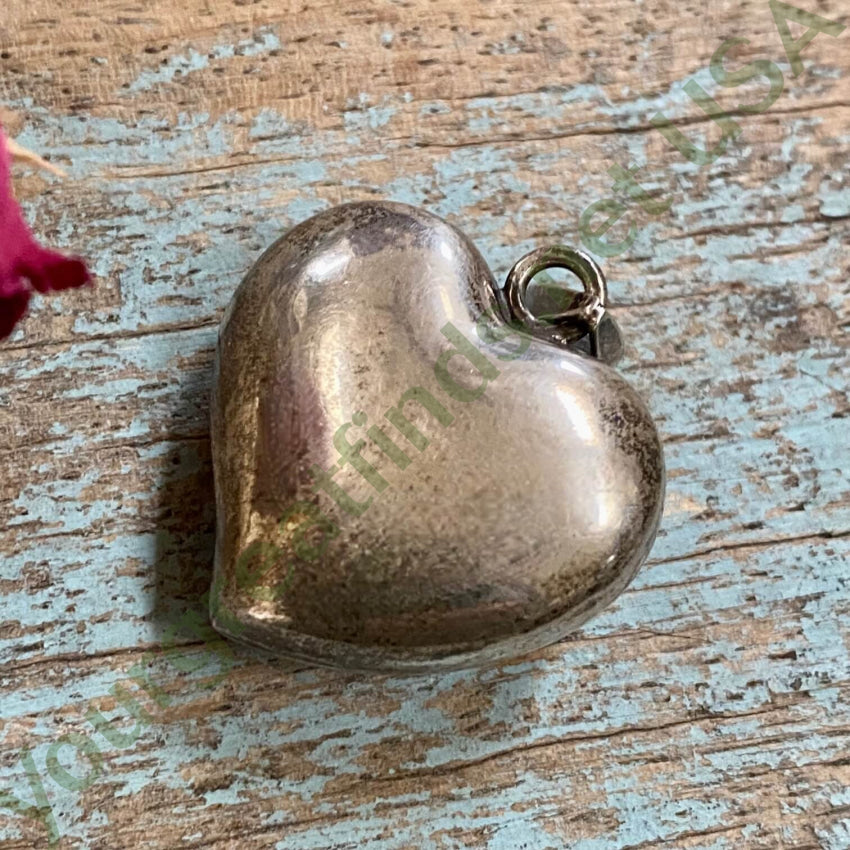 Vintage Sterling Silver Rose Puffy Heart Pendant