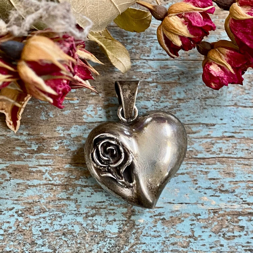 Vintage Sterling Silver Rose Puffy Heart Pendant