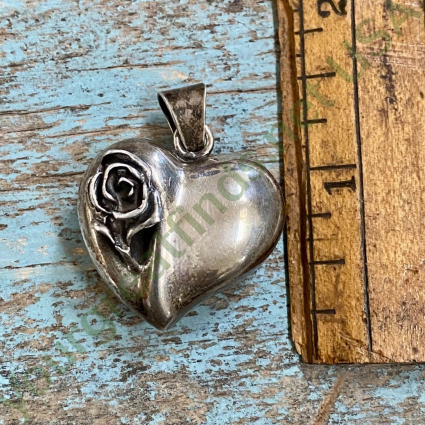 Vintage Sterling Silver Rose Puffy Heart Pendant