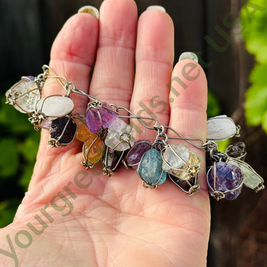 Vintage Sterling Silver & Rough Gemstone Bracelet & Pierced Earrings Set bracelet & earrings