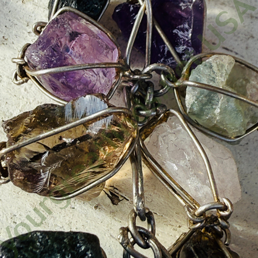 Vintage Sterling Silver & Rough Gemstone Bracelet & Pierced Earrings Set bracelet & earrings