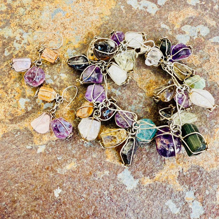 Vintage Sterling Silver & Rough Gemstone Bracelet & Pierced Earrings Set bracelet & earrings