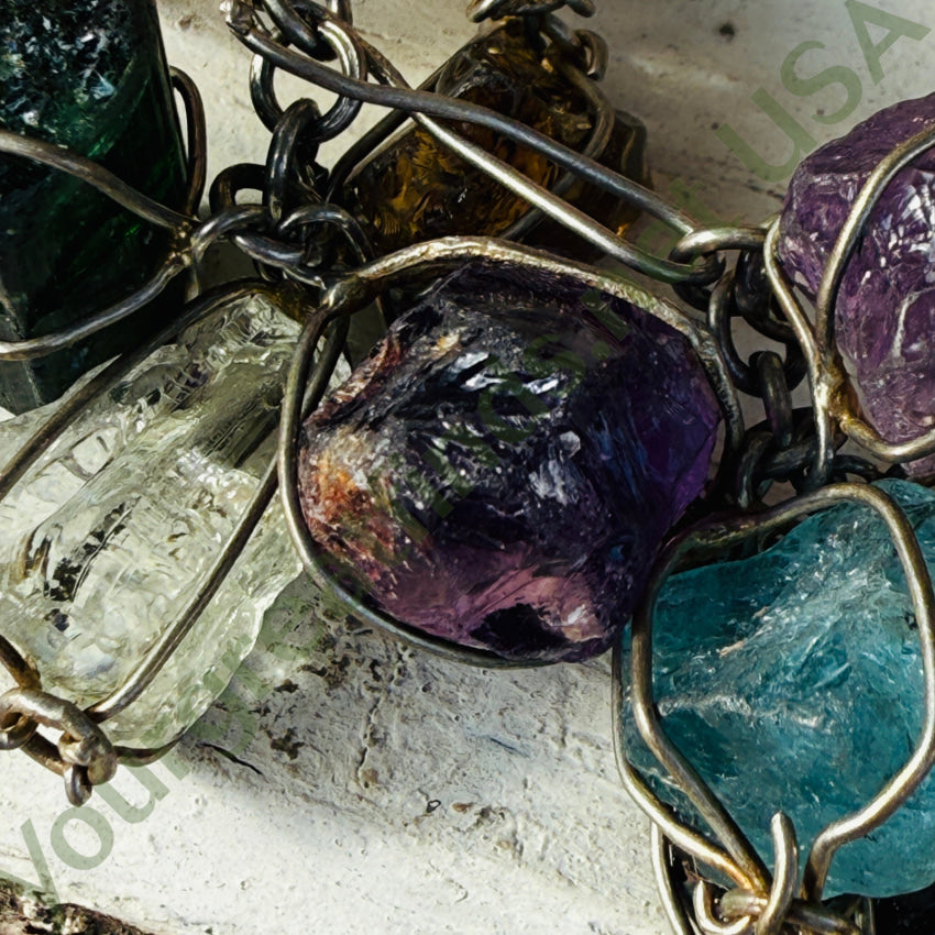 Vintage Sterling Silver & Rough Gemstone Bracelet & Pierced Earrings Set bracelet & earrings