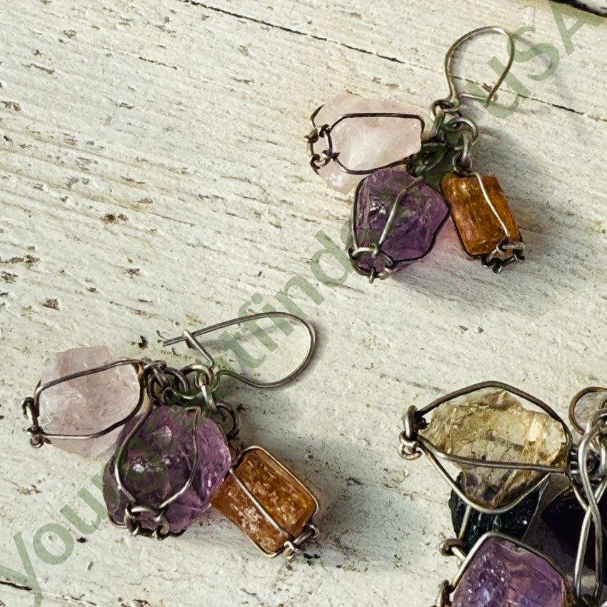 Vintage Sterling Silver & Rough Gemstone Bracelet & Pierced Earrings Set bracelet & earrings