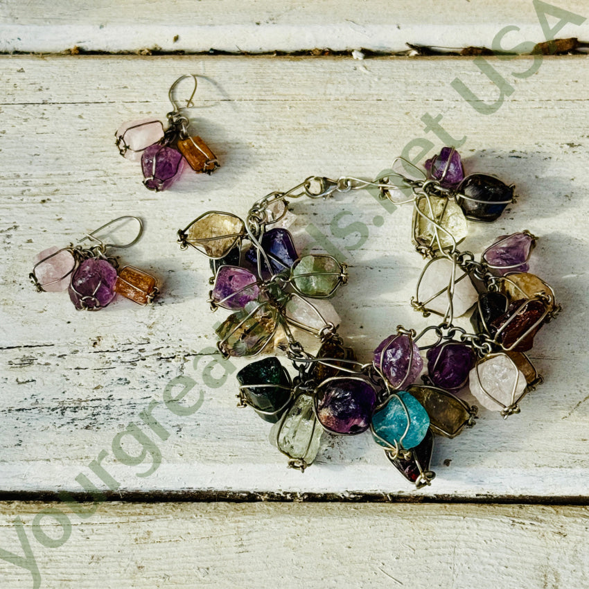 Vintage Sterling Silver & Rough Gemstone Bracelet & Pierced Earrings Set bracelet & earrings