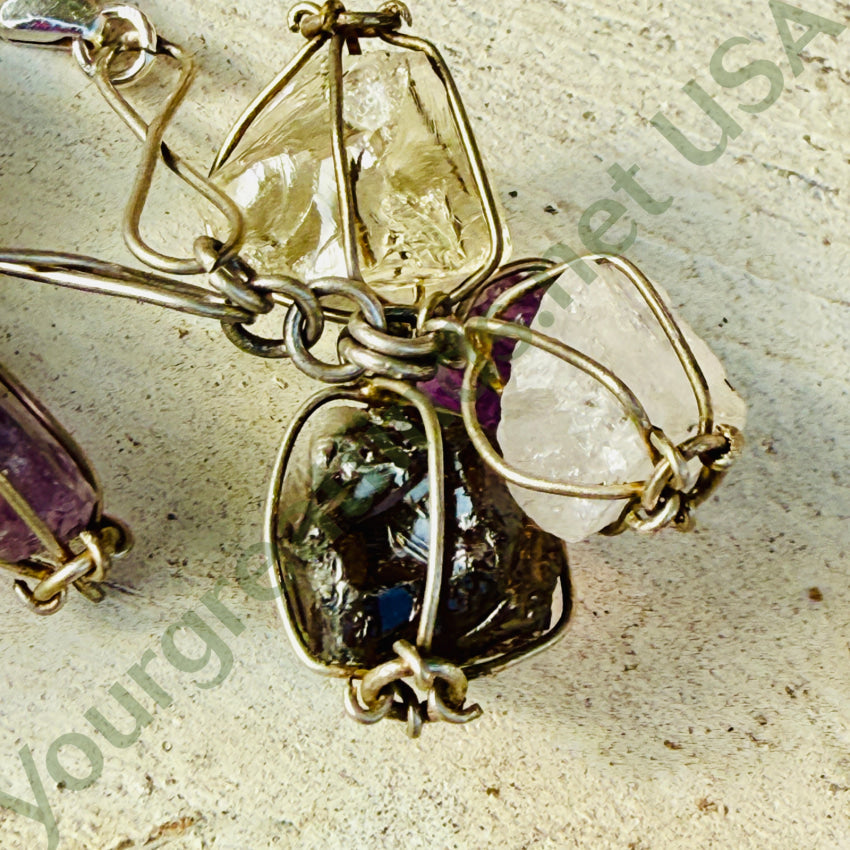 Vintage Sterling Silver & Rough Gemstone Bracelet & Pierced Earrings Set bracelet & earrings