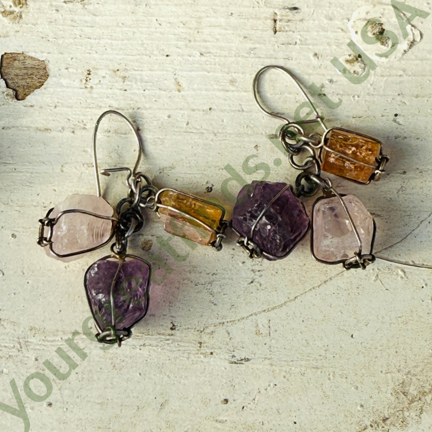 Vintage Sterling Silver & Rough Gemstone Bracelet & Pierced Earrings Set bracelet & earrings