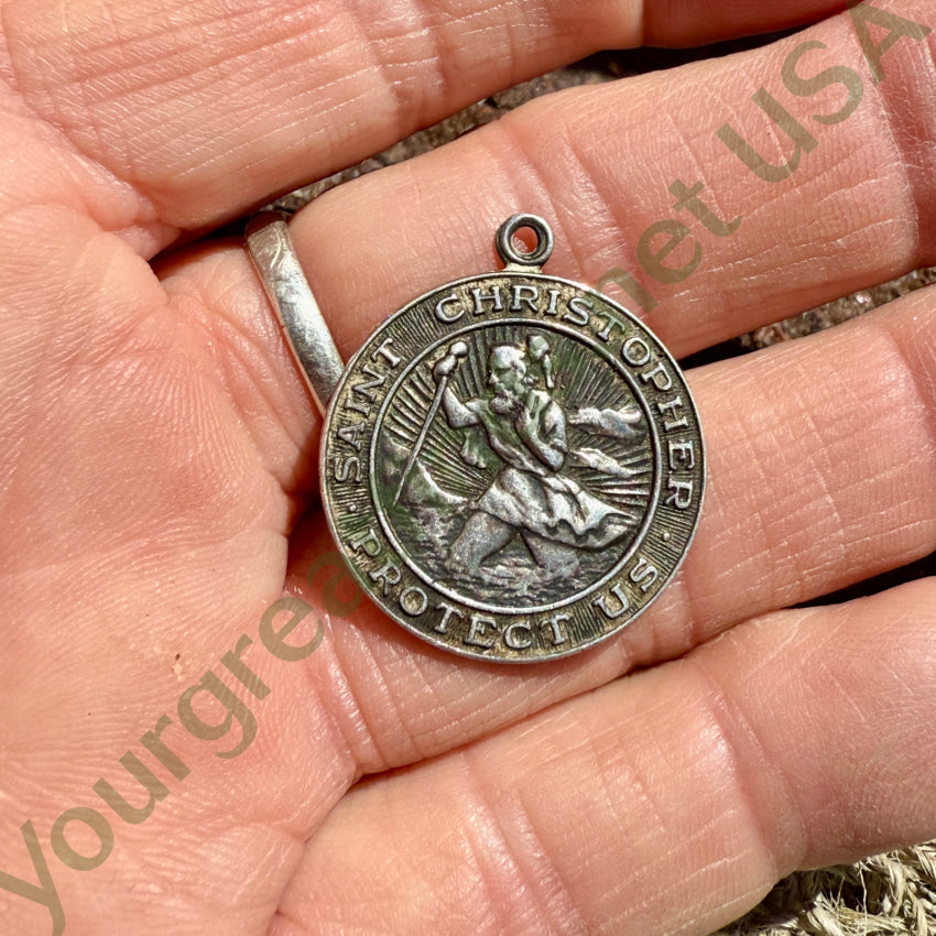 Vintage Sterling Silver Saint Christopher Medallion Pendant St. Christopher