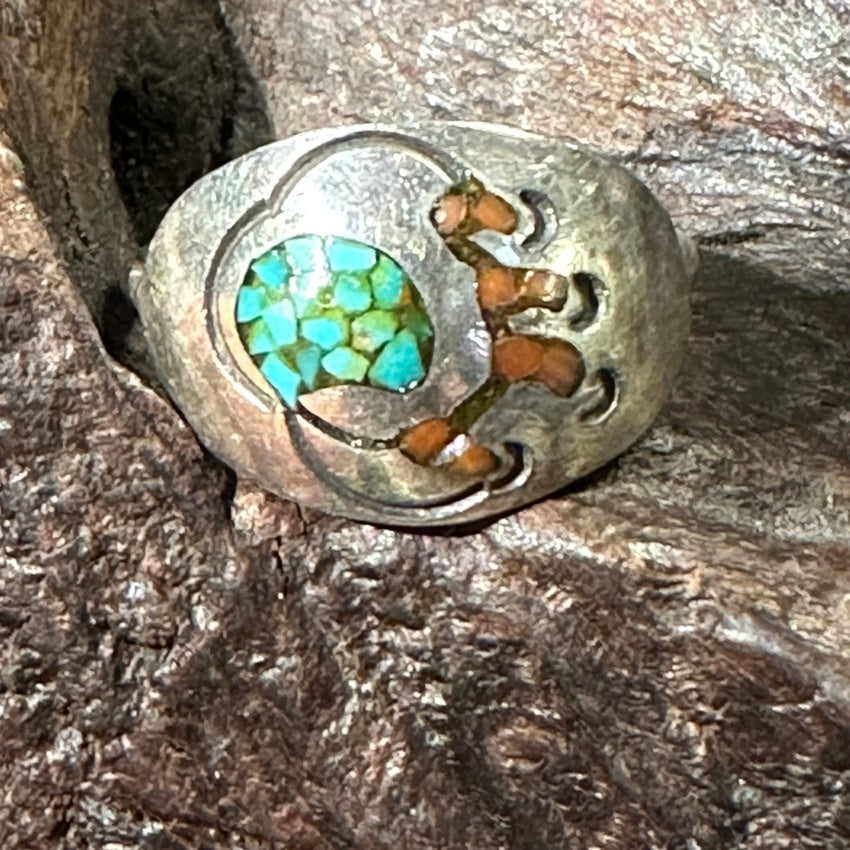 Vintage Sterling Silver Shiprock Mosaic Ring Turquoise Coral Size 7.5