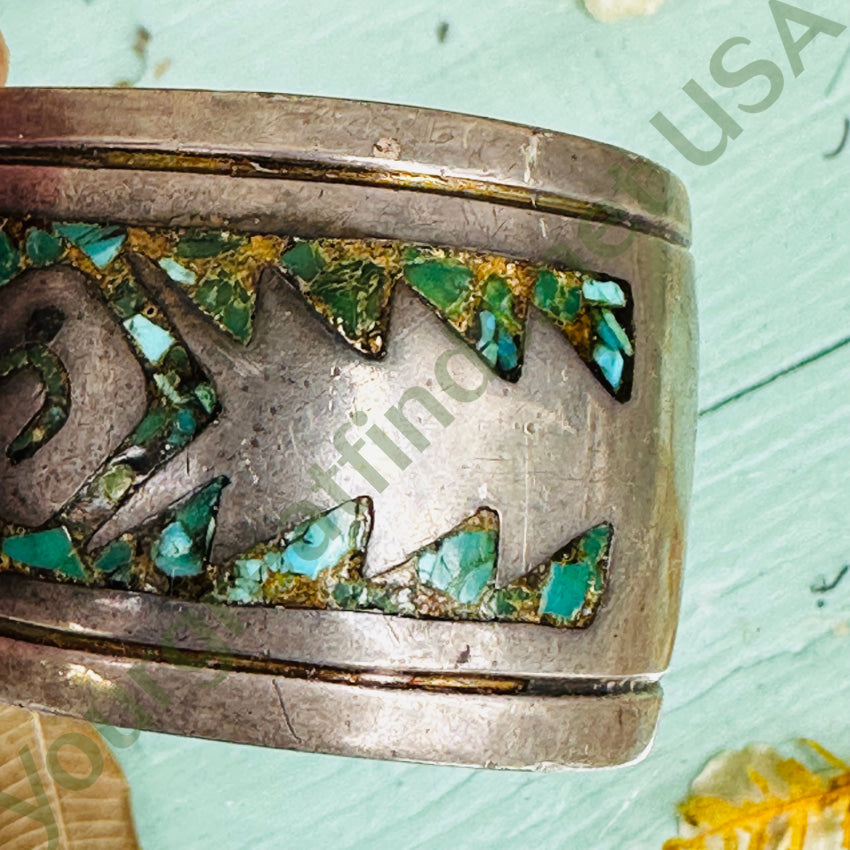 Vintage Sterling Silver Shiprock Mosaic Wide Cuff Bracelet Bracelet