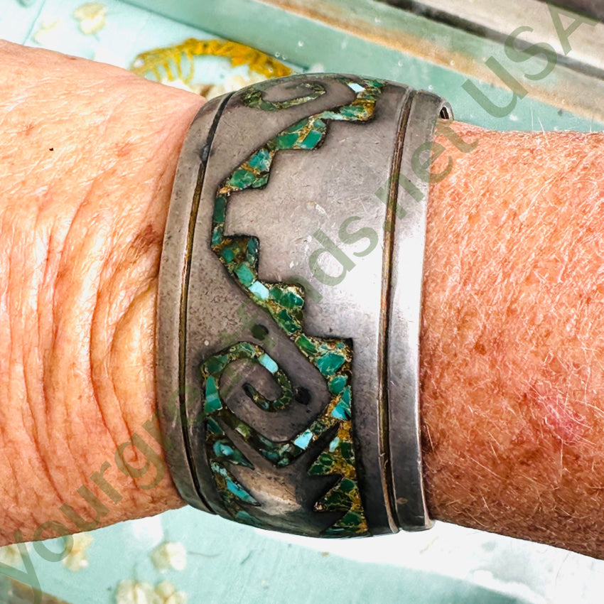 Vintage Sterling Silver Shiprock Mosaic Wide Cuff Bracelet Bracelet