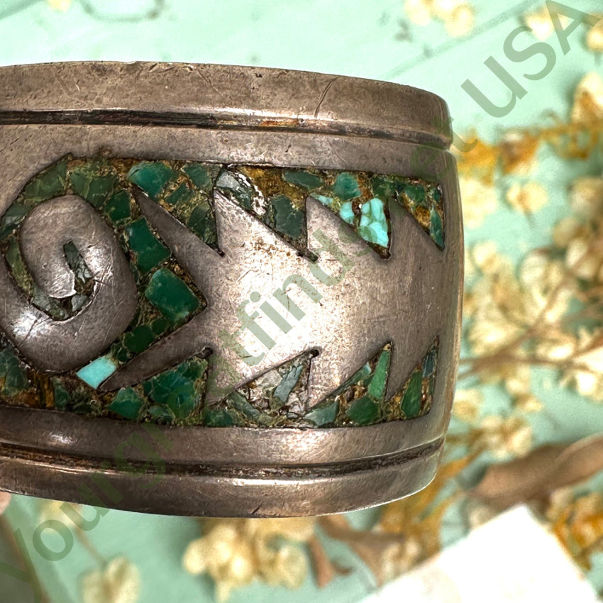 Vintage Sterling Silver Shiprock Mosaic Wide Cuff Bracelet Bracelet