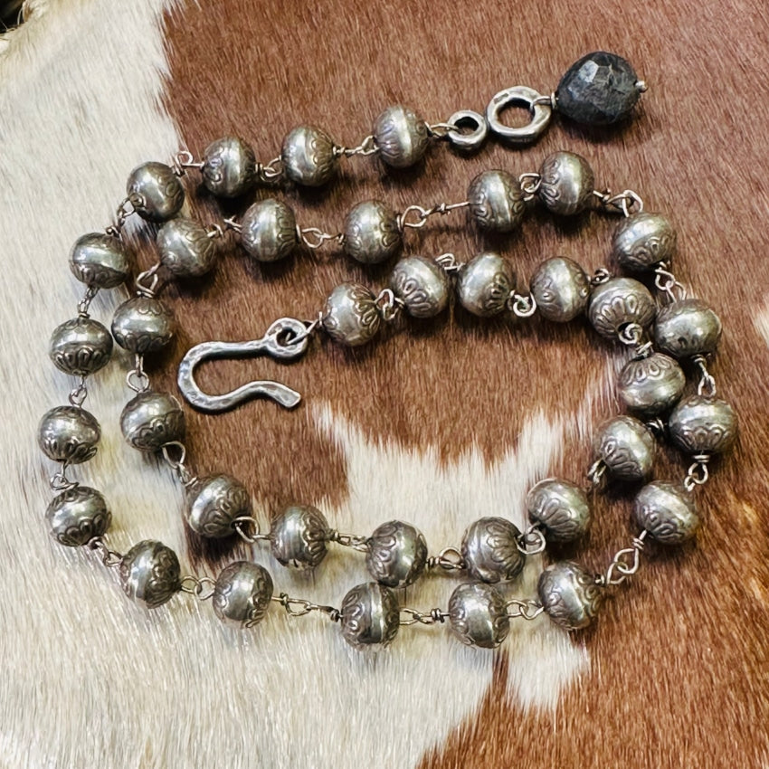 long Mexican Deco silver and stone Necklace ~ ancient beads and