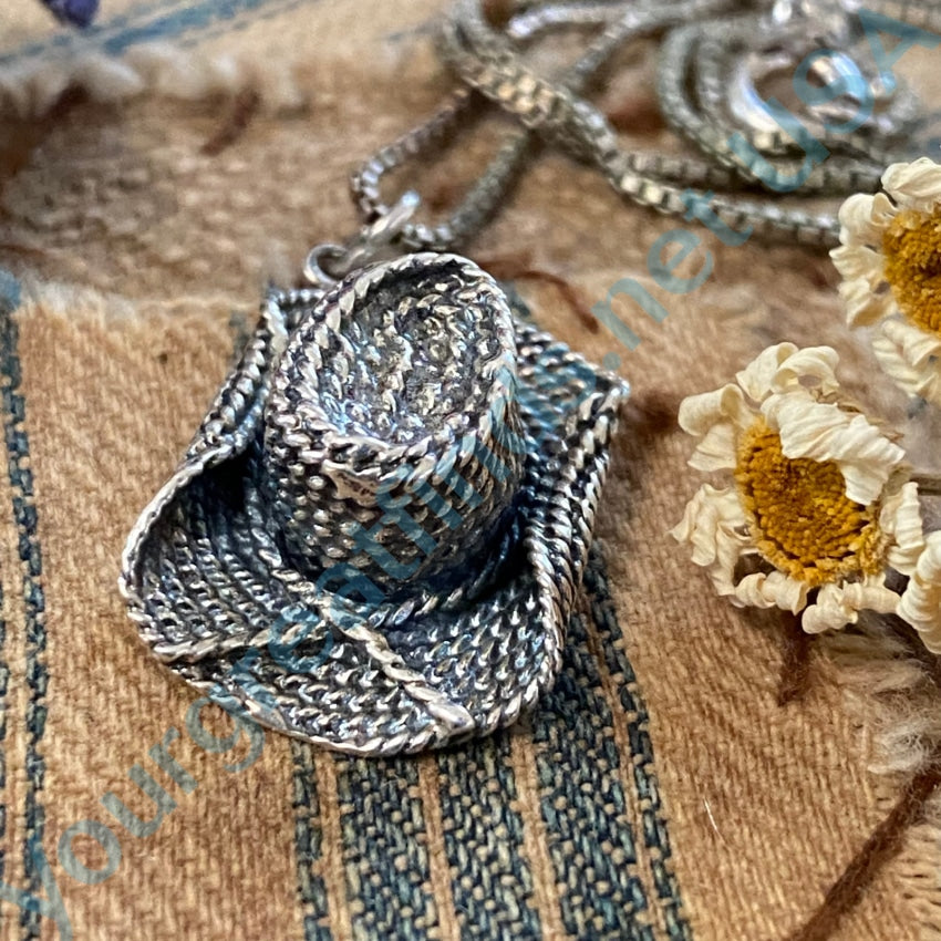 Vintage Sterling Silver Straw Western Hat Necklace