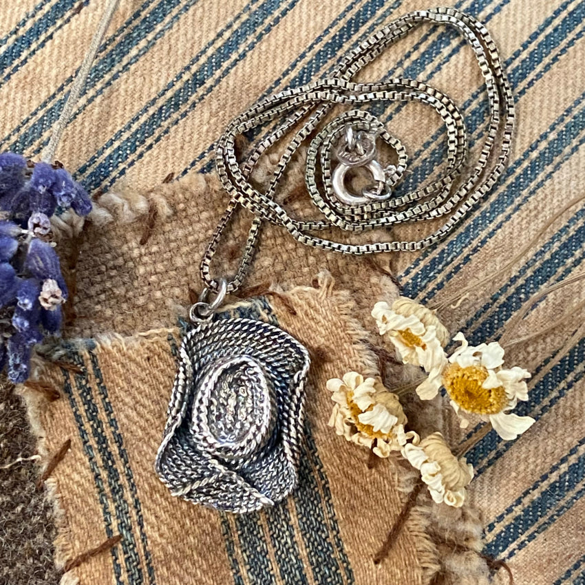 Vintage Sterling Silver Straw Western Hat Necklace