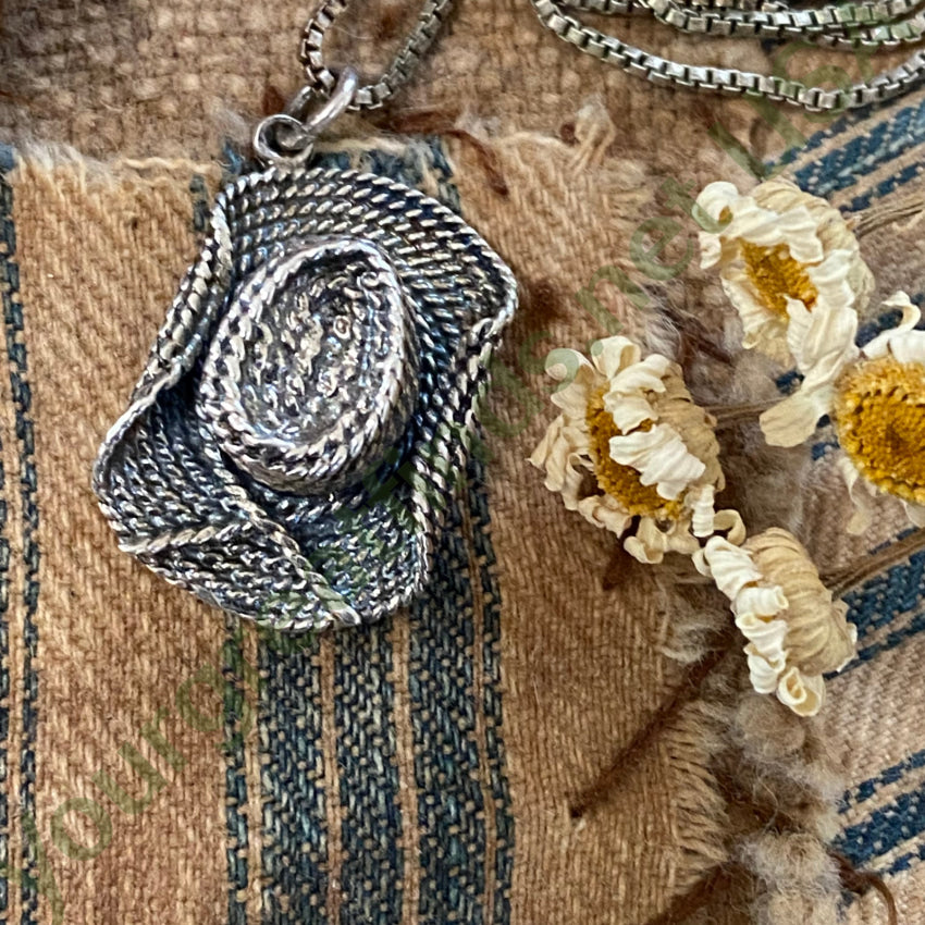 Vintage Sterling Silver Straw Western Hat Necklace